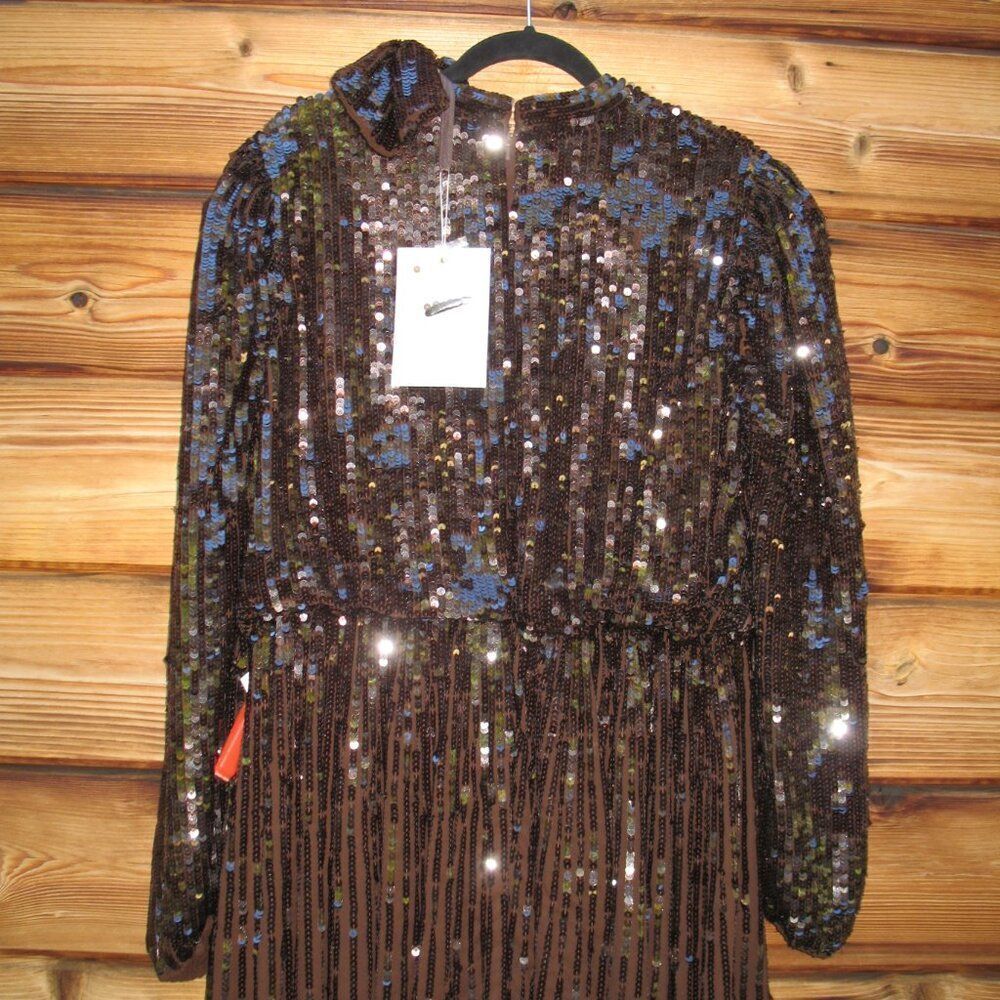 NWT Mac Duggal LONG SLEEVE TEA LENGTH DRESS Brown Size 16 93642 - Picture 11 of 14